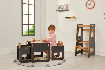 Eethoek set kinderen - Montessori Kinderstoel - Kindertafel en 2 Stoeltjes - Montessori Kindertafel - Peuters tafel - Speeltafel voor Kinderen - Activiteiten Tafel - Zitgroep - Zwarte kindertafel set voor 1 tm 5 jaar - Dove 2 - Kindermeubels