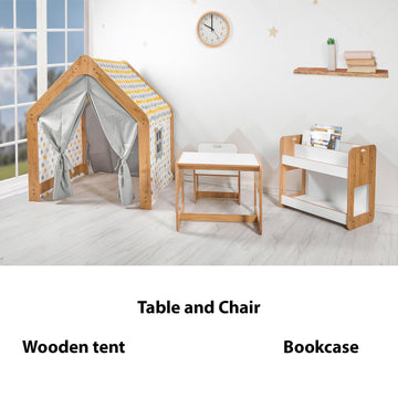 Minerakids® compleet kinderset met tafel, stoel, speelhuis en boekenkast